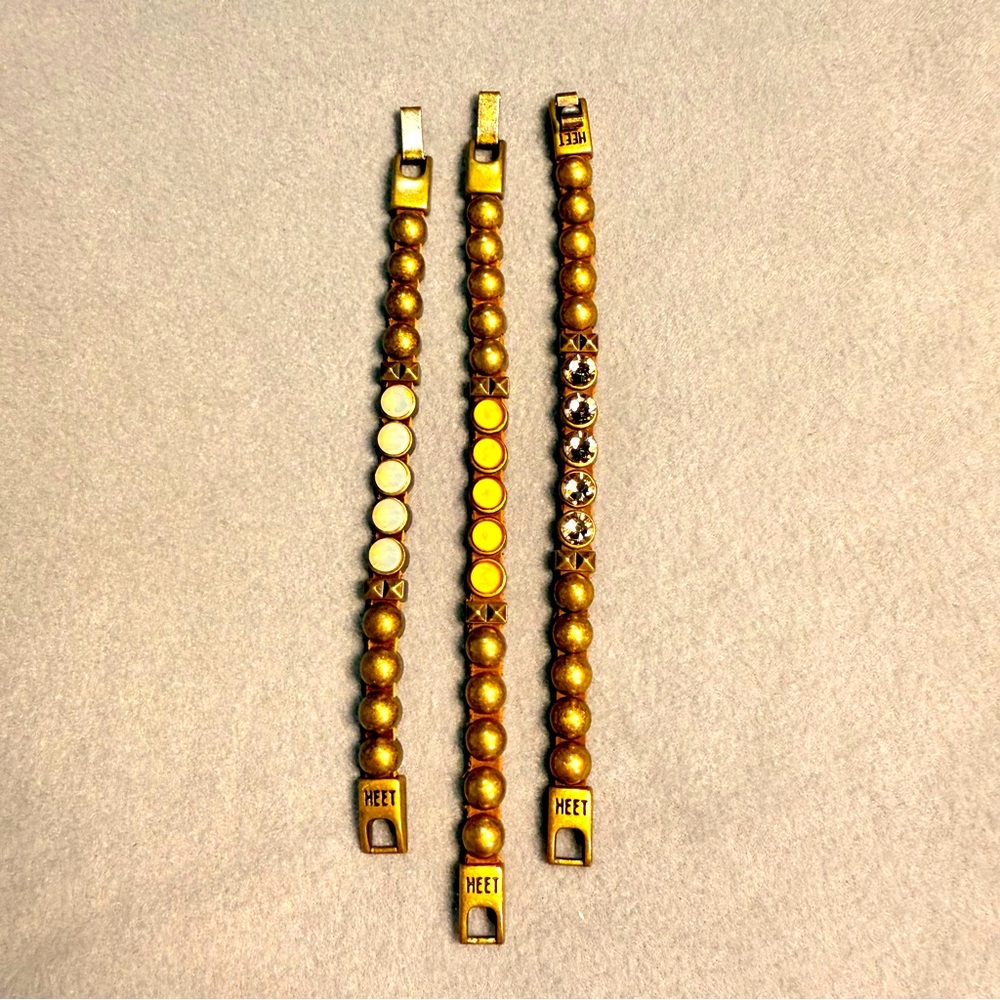 HEET Crystal Beaded Link Bracelet Set of 3 Antique Gold Tone Unisex Stackable‎